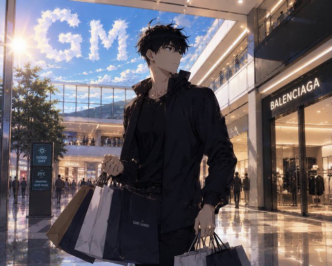 An anime-style illustration of a dark-haired young man in a black coat carrying multiple luxury shopping bags (including 'SAINT LAURENT') in a modern shopping mall featuring a 'BALENCIAGA' storefront.