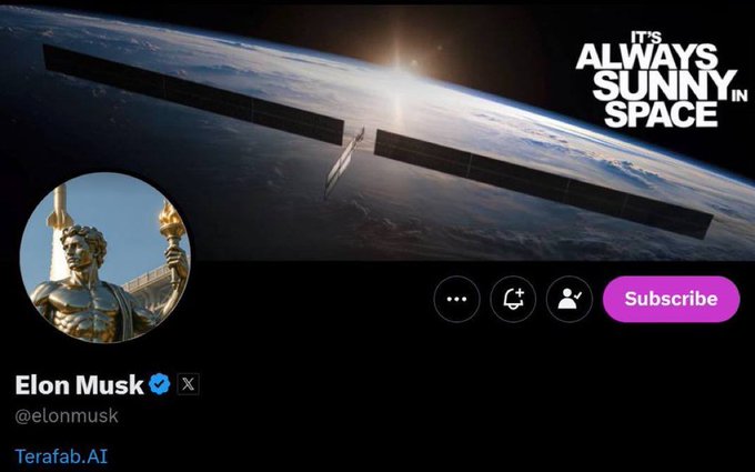 A screenshot of an Elon Musk X (formerly Twitter) post featuring an image of a satellite orbiting Earth with text reading 'IT'S ALWAYS SUNNY IN SPACE' and a link to 'Terafab.AI'.