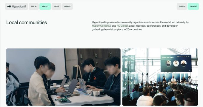 The Hyperliquid 'Local communities' webpage showing photos of in-person developer meetups and conferences organized by Hypurr Collective and HL Global.