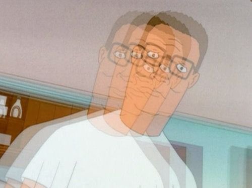 A cartoon-style illustration of a man wearing glasses, depicted with a motion blur effect that creates multiple overlapping faces of his expression.