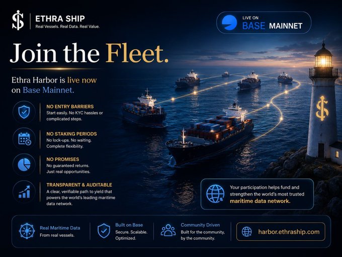 A promotional banner for ETHRA SHIP displays 'Join the Fleet' and 'LIVE ON BASE MAINNET', featuring cargo ships at sea and a lighthouse, with text highlighting 'NO ENTRY BARRIERS' and 'NO STAKING PERIODS'.