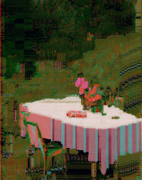 The image features a table with a pink tablecloth, surrounded by chairs. On the table are two vases - one containing flowers and another holding a book. The background of the image shows trees, suggesting an outdoor setting or garden. The photo is labeled as "final day OE Excel Mesh Painting" and has a watermark that reads "KT1NX6A".