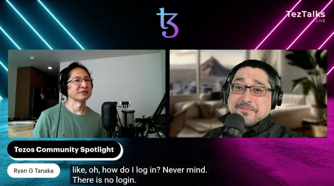 A screenshot from the "TezTalks Live" podcast showing an interview segment titled "Tezos Community Spotlight" featuring Ryan G Tanaka, with subtitles reading "like, oh, how do I log in? Never mind. There is no login." The two hosts are shown with headsets and microphones, reflecting the discussion about TeiaCommunity projects and recent fundraising mentioned in the caption.