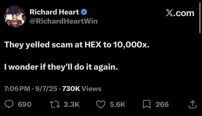 A tweet from Richard Heart (@RichardHeartWin) reads, "They yelled scam at HEX to 10,000x. I wonder if they'll do it again." — referencing the HEX cryptocurrency ticker, which aligns with the accompanying post's mention of "HEX."