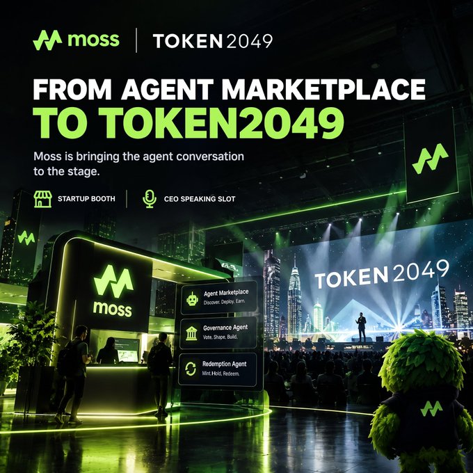 A promotional graphic for Moss at TOKEN2049, announcing 'FROM AGENT MARKETPLACE TO TOKEN2049' with details about their startup booth, CEO speaking slot, and features like Agent Marketplace, Governance Agent, and Redemption Agent.