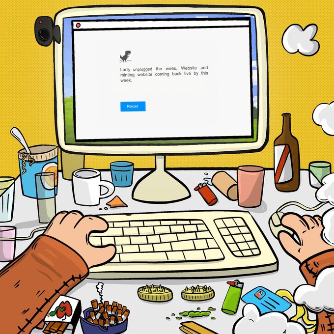 A first-person view of someone sitting at a messy desk full of food, drinks, and cigarettes, staring at a computer screen showing the message "Larry unplugged the wires. Website and minting website coming back live by this week." with a Reload button. The image of digital decay, chaos, and a brief system outage cleverly mirrors the post's teaser about a temporary shutdown before the "gateway to Maxxis" reopens.