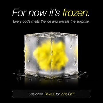 A black promotional graphic displays a frozen ice cube containing a yellow cluster, accompanied by the text "For now it's frozen. Every code melts the ice and unveils the surprise." along with "Use code CIRA22 for 22% OFF." The icy imagery ties directly into the post's playful metaphor about not waiting for perks to "unfreeze," while the CIRA22 promo code and 22% discount match the weekly payment savings mentioned in the caption.