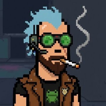 A pixel art character with blue hair, green sunglasses, and a beard smokes a cigarette, wearing a headset and a brown vest featuring a green Android-style logo. The cyberpunk aesthetic of the avatar complements the post's theme of loyal, long-term support in a crypto/NFT community, where the commenter pledges continued dedication to the project's creator.
