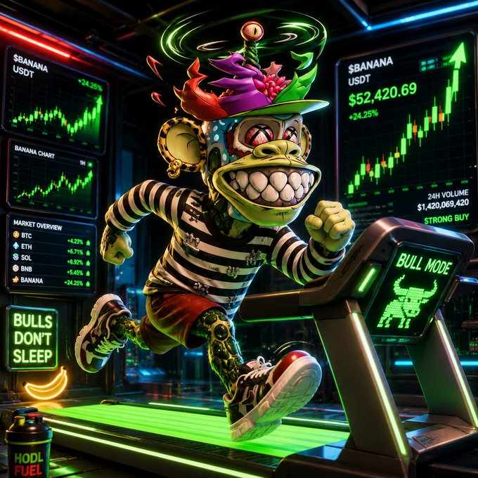A stylized, AI-generated digital illustration of a cartoon monkey character running on a treadmill in a neon-lit trading environment, surrounded by crypto charts for '$BANANA USDT' with text reading 'BULLS DON'T SLEEP' and 'BULL MODE'.