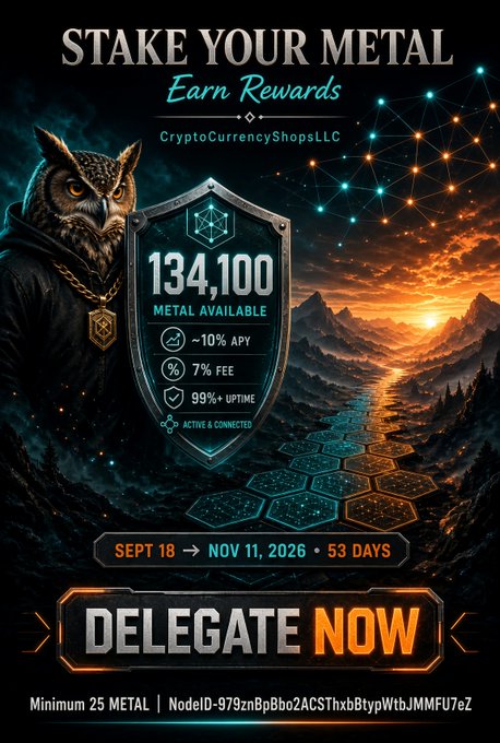 A cryptocurrency advertisement for 'STAKE YOUR METAL' by CryptoCurrencyShopsLLC, showing 134,100 METAL available with ~10% APY, 7% fee, 99%+ uptime, running from Sept 18 to Nov 11, 2026.