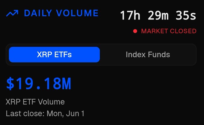 The image shows a screenshot of an Excel worksheet titled "Daily Volume". The sheet displays the daily volume of XRP ETFs, with the total amount being $19.1 million. The text indicates that the market closed at the end of the day, and the volume was $18.8 million.
