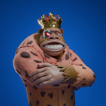 A 3D-rendered muscular ape character with arms crossed, wearing a gold crown and featuring a red gem over one eye, set against a blue background.