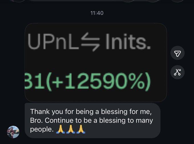 A screenshot showing a "UPnL ⚡ Inits." ticker displayed at 31(+12590%) in green, accompanied by a message reading "Thank you for being a blessing for me, Bro. Continue to be a blessing to many people. 🙏🙏🙏," illustrating the poster's appreciation for followers who tracked the mushroom stock's massive gain independently.