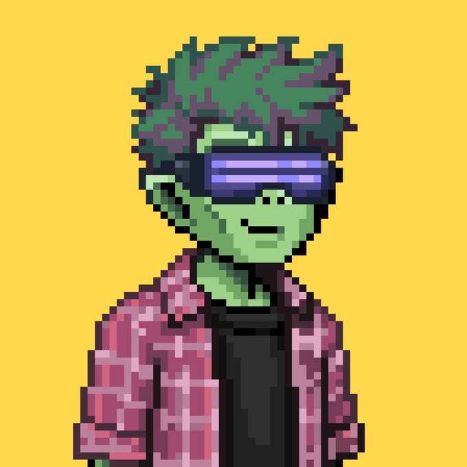 A pixel art portrait of a green-skinned character with curly green hair, wearing futuristic purple shades, a black shirt, and a pink patterned overshirt against a yellow background.