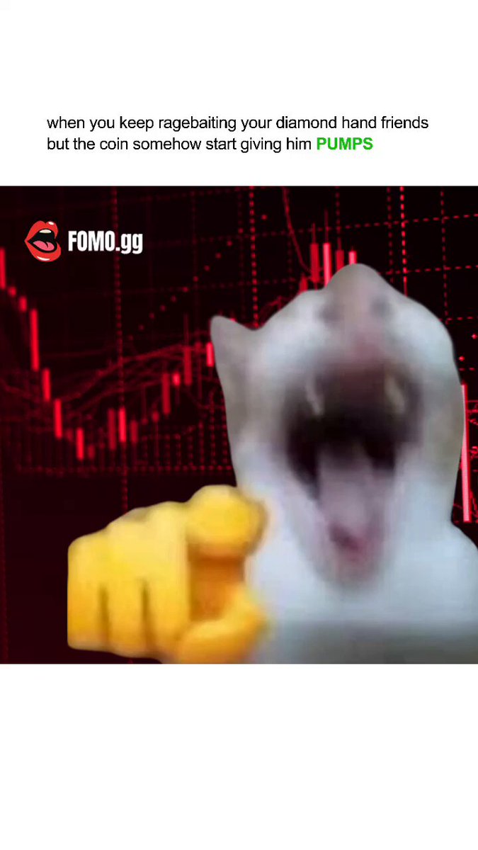 The image features a cat with its mouth open, looking at the camera as if posing for a picture or selfie. The background of the photo has red lines and numbers that appear to be related to cryptocurrency or stock market trends. The caption below the image reads "When you keep ragebaiting your diamond hand friends but the coin somehow start giving him PUMPS #crypto #memecoin #Solana".