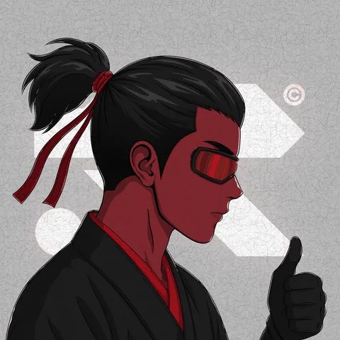 A stylized digital illustration shows a red-skinned character with a black ponytail, red-tinted sunglasses, and a black outfit giving a thumbs-up gesture, with a faint "©" watermark in the corner. The image serves as an eye-catching graphic for a giveaway promotion offering 2 guaranteed spots for @TheProjectR3D, tying into the post's call to follow, like, RT, and drop an ETH address for entry.