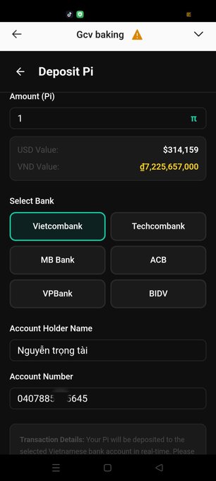 A mobile screenshot of a 'Deposit Pi' screen for 'Gcv baking' showing an amount of 1 Pi valued at $314,159 and ₫7,225,657,000, with bank selection options and account details for 'Nguyễn trọng tài'.