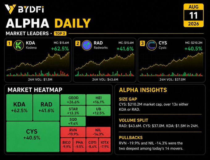 The image is a "BYDFi Alpha Daily" infographic dated August 11, 2026, highlighting the top 3 market leaders: KDA (Kadena) up 62.5%, RAD (Radworks) up 41.6%, and CYS (Cysic) up 40.5%, alongside a market heatmap and Alpha Insights noting CYS's dominant $210.2M market cap, a volume split between the leaders, and notable pullbacks in RVN (-19.9%) and NIL (-14.3%). The visuals directly support the post's framing of KDA, RAD, and CYS as today's standout movers, with the heatmap and insights emphasizing CYS's outsized size and the renewed appearance of familiar leaders like KDA and CYS.