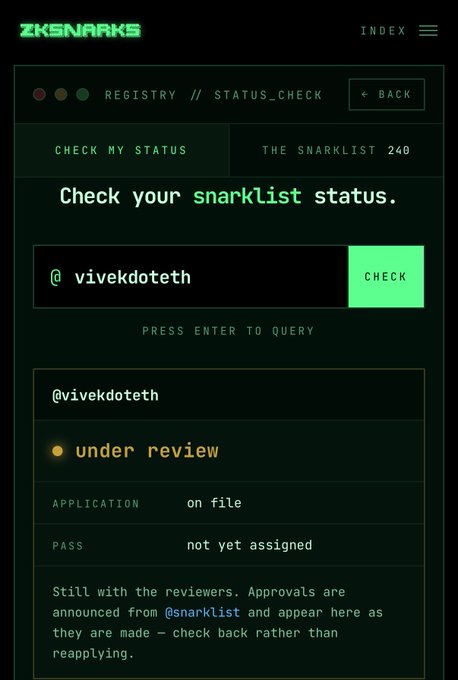 The image displays the zksnarks registry status check page for user @vivekdoteth, showing their application is "on file" but "under review" with a pass "not yet assigned." This visually supports the post's frustration by illustrating an application awaiting approval with no timeline, humorously highlighting the delay between submission and the simple act of clicking "approve."