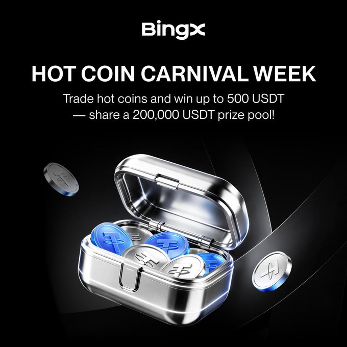 A promotional advertisement for BingX "HOT COIN CARNIVAL WEEK" offering a 200,000 USDT prize pool and a chance to win up to 500 USDT by trading. The image features silver and blue cryptocurrency coins spilling from a metal case.