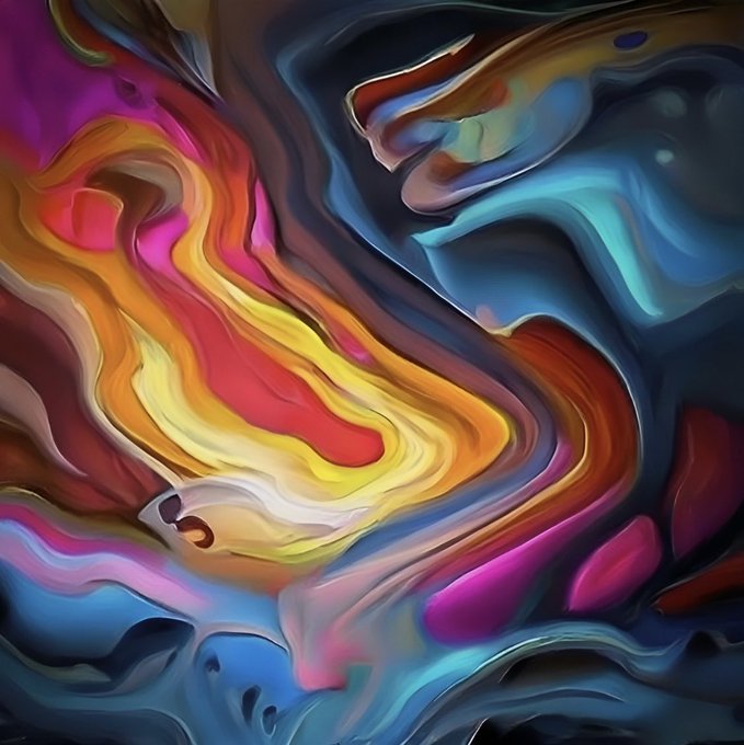 A vibrant, abstract digital artwork featuring fluid, swirling patterns of warm reds, yellows, and magentas intertwined with cool blues and dark tones, evoking a sense of organic movement and energy. The piece complements the post's reference to Uli Art's "Symbiosis," visually echoing the harmony and dynamic interplay between contrasting elements suggested by the title.