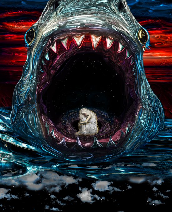A surreal digital artwork depicting a small figure sitting curled up inside the open, tooth-filled mouth of a giant sea creature emerging from water.