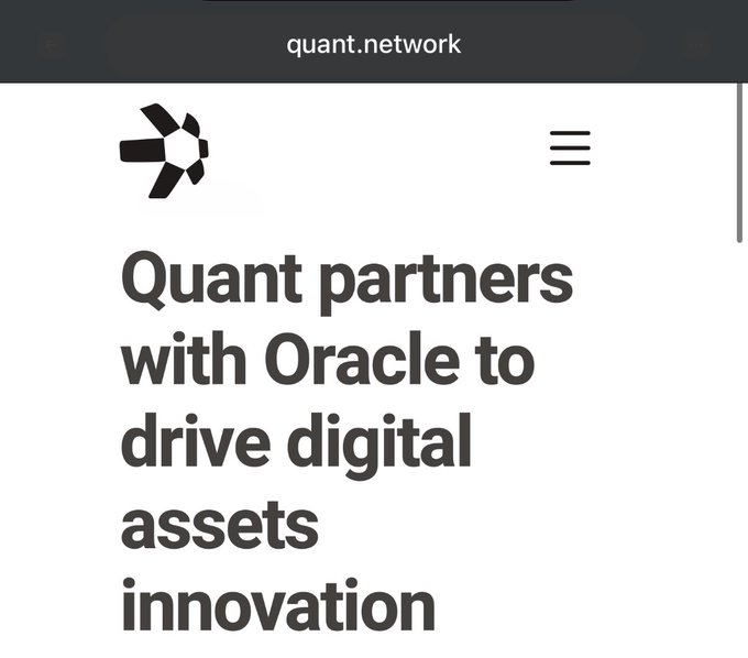 A mobile screenshot of an article headline on quant.network reading 'Quant partners with Oracle to drive digital assets innovation'.