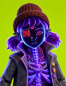 A 3D-rendered cyberpunk-style character with purple hair, a brown beanie, a leather jacket, and glowing neon/circuit-board patterns visible through translucent skin on a green background.