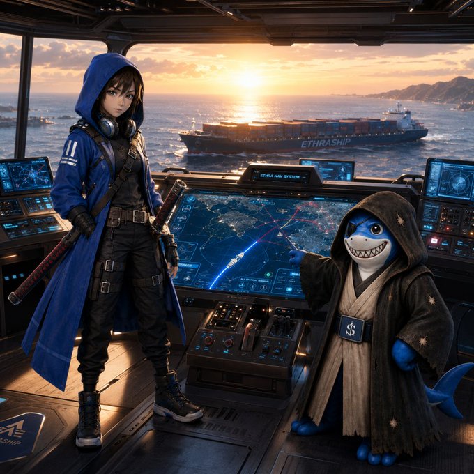 A detailed digital illustration depicts a blue-haired female warrior in a blue coat standing next to a small shark character dressed as a Jedi in a futuristic control room overlooking the ocean, with a cargo ship labeled 'ETHRASHIP' visible in the background.