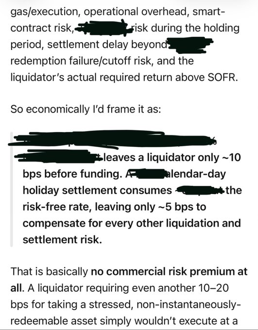 The image displays a screenshot of text discussing financial risks and rates, including mentions of "gas/execution, operational overhead, smart-contract risk," "liquidation risk," "redemption failure/cutoff risk," "SOFR," "10 bps before funding," and "~5 bps to compensate." 

The accompanying post critiques this text, arguing that major markets fail to account for the 365/24/7 nature of DeFi rates versus traditional tokenized fund holiday calendars.
