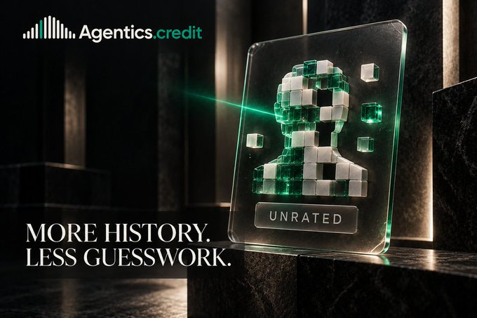 A dark, futuristic advertisement for 'Agentics.credit' featuring a pixelated figure labeled 'UNRATED' in glass, with the tagline 'MORE HISTORY. LESS GUESSWORK.'