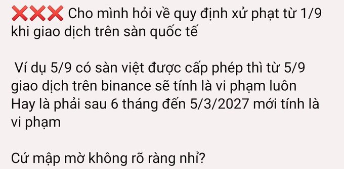 A Vietnamese text message asks about fine regulations effective from September 1st regarding international exchange transactions, questioning whether trading on Binance on September 5th would be a violation immediately or only after a 6-month grace period.