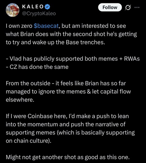 A tweet from CryptoKaleo discussing $basecat, Coinbase, and Brian, commenting on meme culture and the Base trenches, noting support from Vlad and CZ.