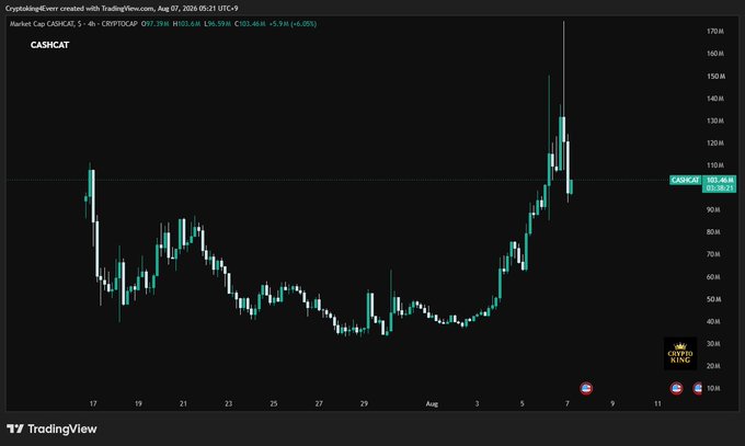 A TradingView candlestick chart titled 'CASK/CAP' created with TradingView.com, showing CASHSCAT market cap data from July 17 through early August 2026, with prices ranging roughly from $30M to $170M and a notable peak followed by decline near August 7.