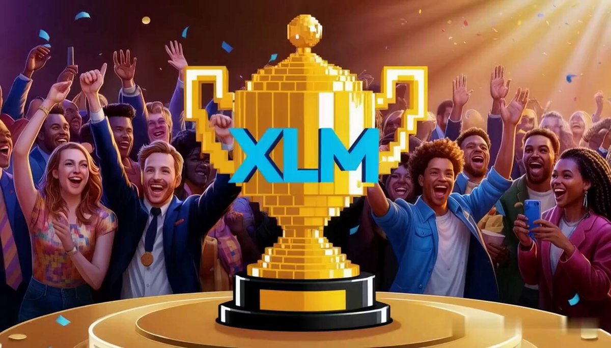 The image features an illustration of a large golden trophy with the words "XLM" written above it. The trophy appears to be made out of Lego blocks, giving it a unique and eye-catching appearance. Surrounding the trophy are numerous people celebrating, indicating that they have won something or achieved a significant accomplishment. In the background, there is text that reads "focus on what is in the image and how it relates to the post". This suggests that the image might be related to a social media post or advertisement promoting a new cryptocurrency called "XLM" powered by MoneyGram.
