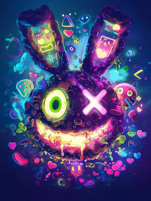 A vibrant, neon-colored digital artwork of a rabbit-like character with one green circle eye and one X-shaped eye, surrounded by floating colorful icons and hearts.