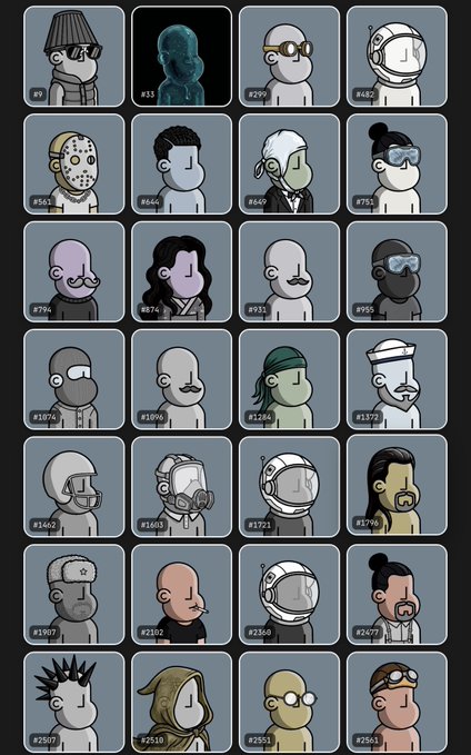 A grid of 28 cartoon-style character avatars (numbered #9 through #2155), each featuring diverse and quirky designs with various headgear, masks, and faces, representing unique NPC collectibles from the @npconchain collection that boasts 111 NPCs and 123 badges worth 15 Million Points.