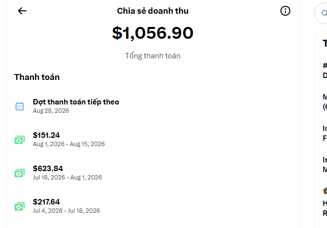 The image shows a revenue-sharing summary of $1,056.90 total payout, including a scheduled next payment on Aug 28, 2026, plus three completed payments: $151.24 (Aug 1–15, 2026), $623.84 (Jul 18–Aug 1, 2026), and $217.64 (Jul 4–18, 2026). This aligns with the post's reference to receiving a PayX similar to last month's earnings, suggesting consistent but modest income before a new program period begins.
