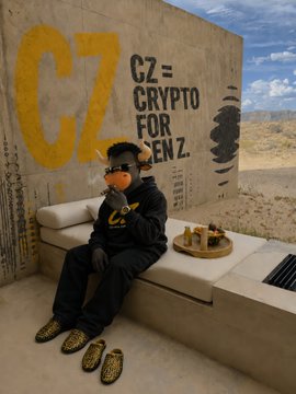 A person wearing a horned animal mask and black outfit sits on a concrete bench in front of a wall painted with large yellow text reading "CZ = CRYPTO FOR GEN Z." The image visually reinforces the post's message about crypto's appeal to the younger generation, playfully branded under the "CZ" name.