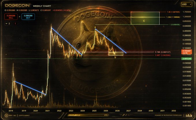 A Dogecoin (DOGE/USD) weekly chart showing price action over several years with blue trend lines forming a descending channel pattern against a backdrop of the Dogecoin logo.