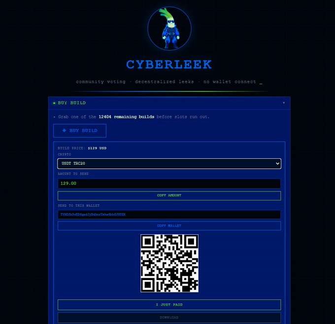 The image shows the "CYBERLEEK" website with a leaker selling a GTA 6 build for $129 USD via USDC TRC20, displaying payment instructions and a QR code for the transaction. This relates to the post describing the leaker's "decentralized leaks" platform and associated $CYBERLEEK token launch with 330 SOL liquidity.