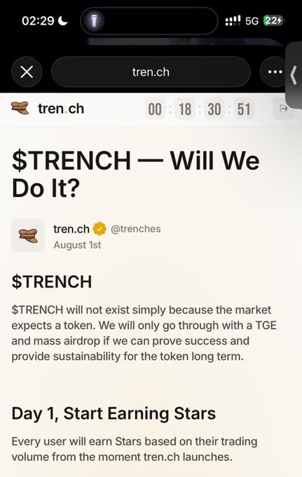 A screenshot of the tren.ch website displaying an article titled "$TRENCH — Will We Do It?" by tren.ch (@trenches), dated August 1st, with a countdown timer showing 00:18:30:51. The post emphasizes that $TRENCH won't simply exist due to market expectations but requires a successful TGE and mass airdrop, while announcing "Day 1, Start Earning Stars" based on user trading volume—aligning with the caption's message about earning 1 Star = 1 SOL before the event ends in less than 12 hours.