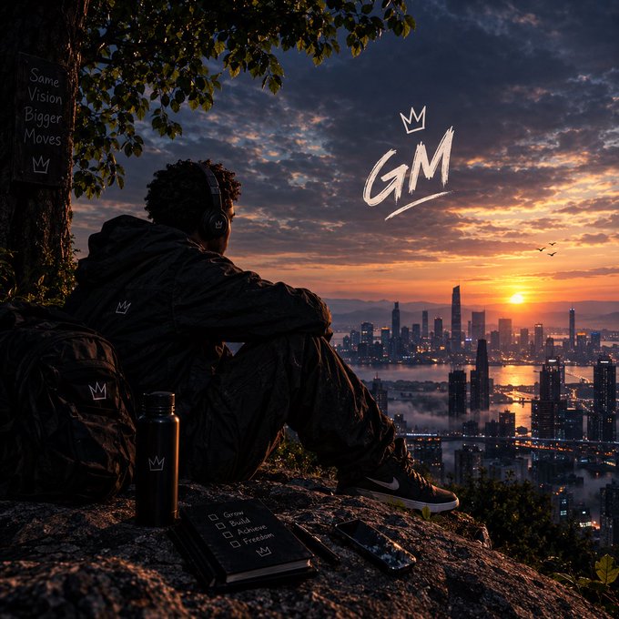 A person in black athletic wear with headphones sits on a cliff overlooking a city skyline at sunset, with 'GM' (Game Master) graffiti, a notebook listing Grow, Build, Achieve, Freedom, and a 'Same Vision Bigger Moves' sign visible.