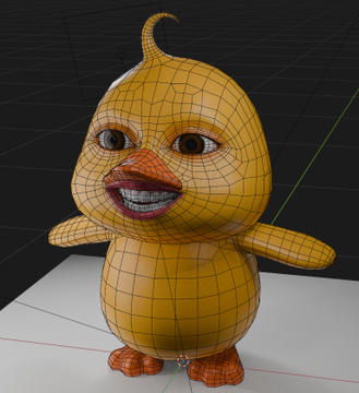 A 3D wireframe model of a yellow duck character with human-like eyes, teeth, and a tuft of hair is displayed on a modeling grid, posted as a nostalgic GM (good morning) shoutout to @daumenxyz.