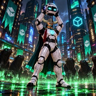 A futuristic sci-fi illustration of a robotic figure in a green cape standing triumphantly in a neon-lit cyberpunk city at night.