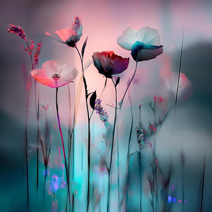 A digital artwork of delicate, translucent flowers in pink and teal hues with sparkling particle effects, set against a soft gradient background.