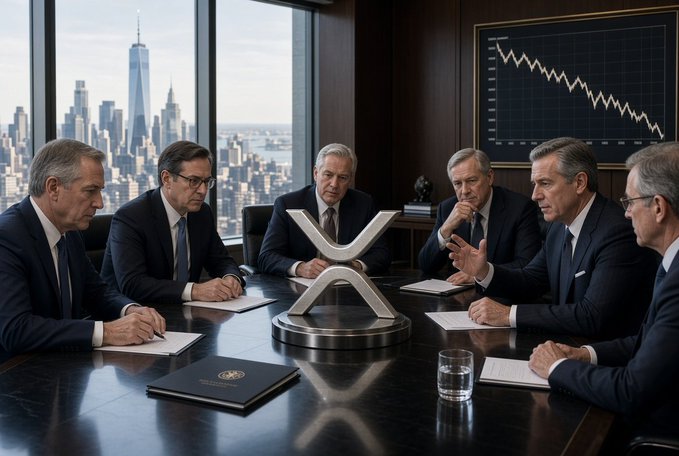 An AI-generated image of business executives in suits sitting around a conference table in an office overlooking the New York City skyline, with a declining stock chart displayed on a screen behind them and an XRP logo on the table.