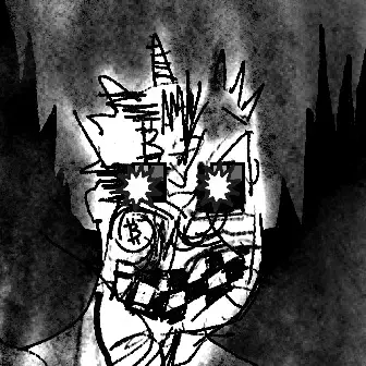 A dark, sketchy black-and-white drawing of a menacing clown face with star-shaped pupils, a wide toothy grin, and a spiked hat.