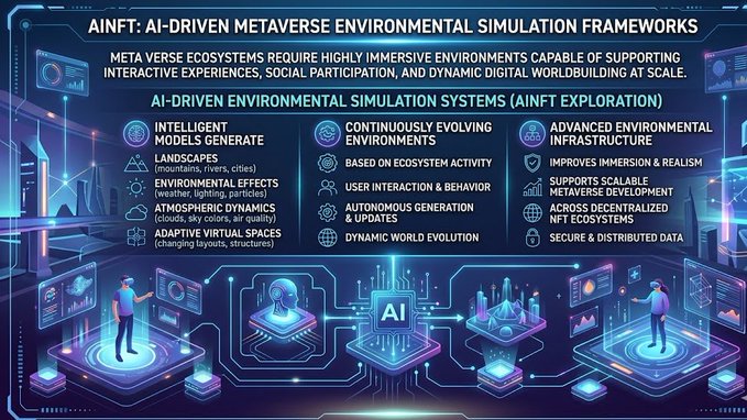 The image features a large poster or banner that explains the concept of AI-driven metaverse environments. The poster highlights the importance of immersive experiences, social participation, and dynamic digital worldbuilding within these environments. It also mentions the use of AI for creating highly interactive and engaging virtual worlds. The poster includes various descriptions and examples to illustrate its points, such as "AI-driven metaverse ecosystems", "AI-driven environments", and "AI-driven simulation systems".