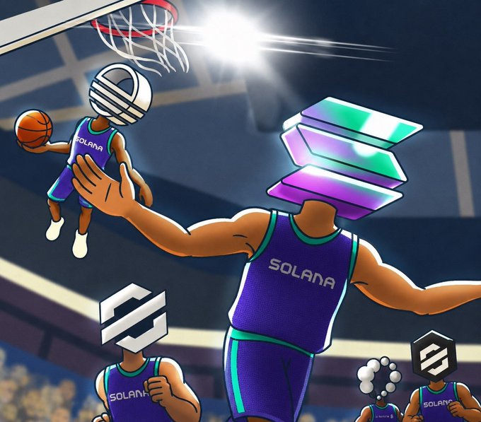 A cartoon illustration of basketball players wearing purple jerseys labeled 'SOLANA', with their heads replaced by crypto logos like the Solana logo and a basketball, set against a stadium backdrop.